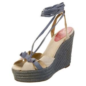 Authentic Christian Louboutin Blue Cream Wedge Lace Up Gladiator Sandals EU 39